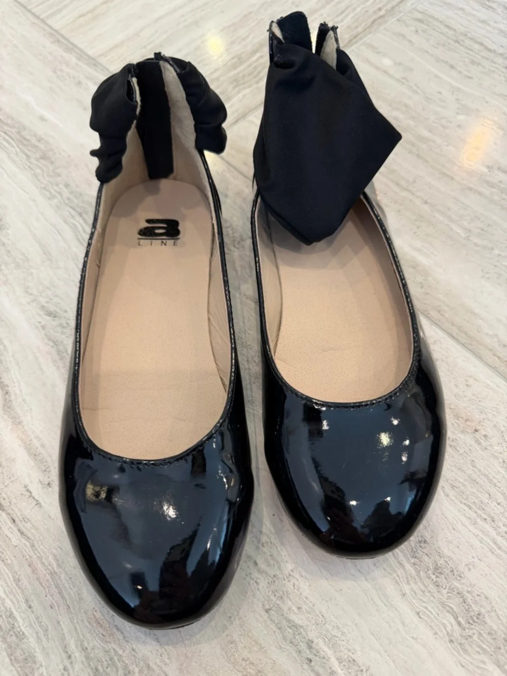 Girls Black Patent Ballet Flats with Ankle Strap Fabric Accent Size 32